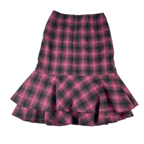TRINA TURK TARTAN PLAID WOOL BLEND MERMAID RUFFLE TIERED SKIRT - Picture 3 of 10